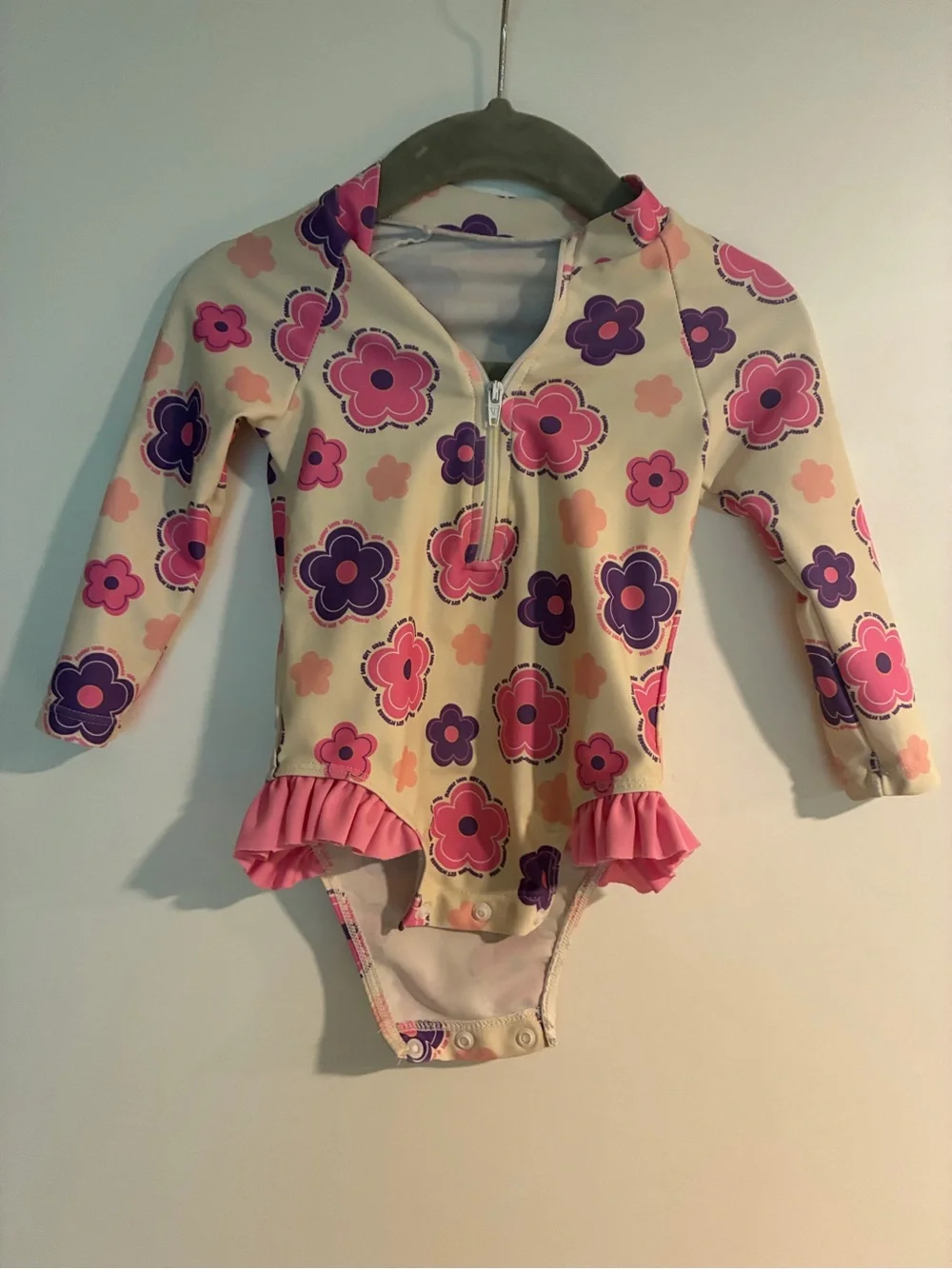 Girls Floral Long Sleeve Ruffle One-Piece Swimsuit - Pink & Purple Flowers